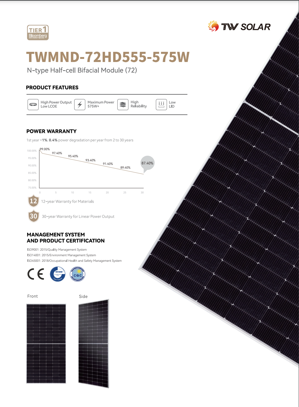 Tongwei Solar TW MPD72 HS 555 Wp SF naplem szürke keretes , EPV Solar