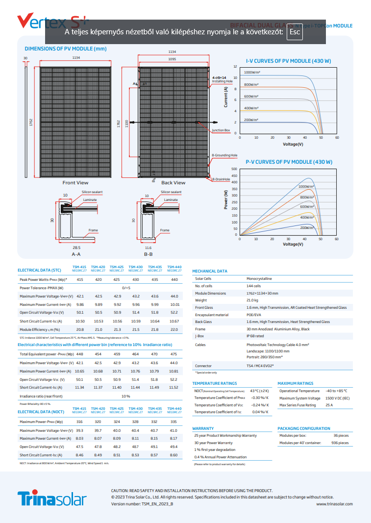 Trina TSM-NEG9R.28 440Wp WB N-Type Vertex S+ Fekete keretes